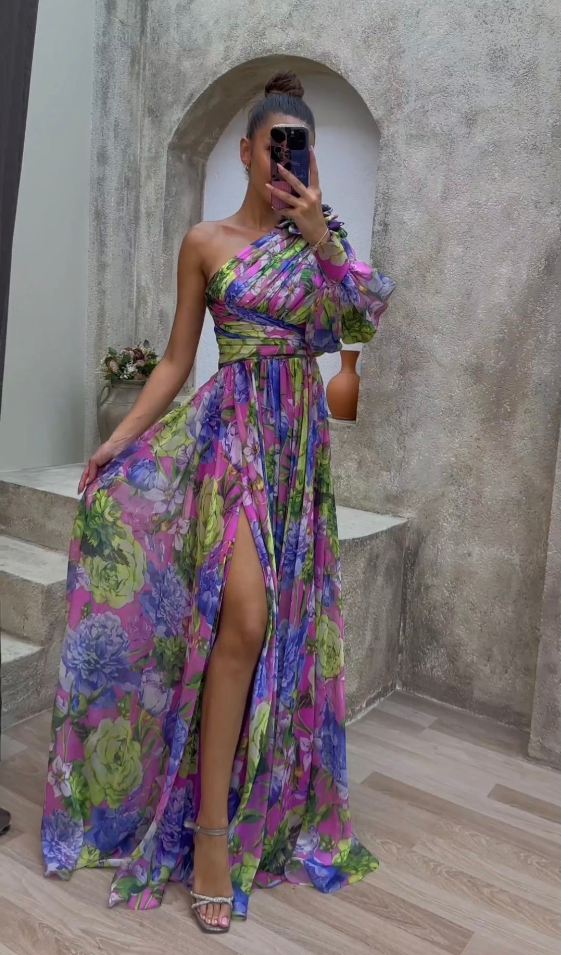 Mila | Floral one shoulder long-sleeved dress